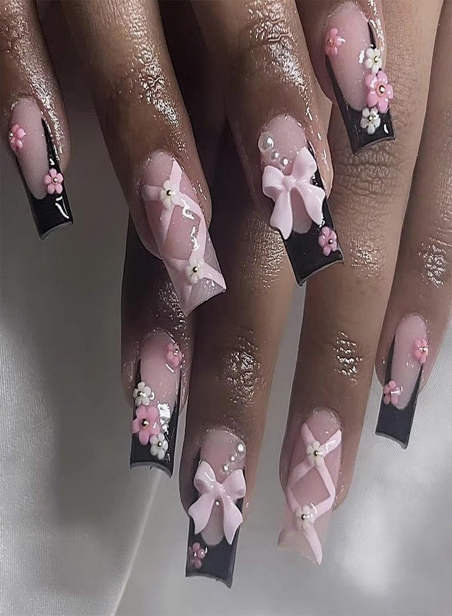 SEMATA Black Pink French Tip Press on Nails Medium Long Square Acrylic Fake Nails Press Ons with Glue 24Pcs Flower Pearls Cute Stick on Nail for Women 3D Bow Artificial Glue on False Nail 12 Sizes - Image 1
